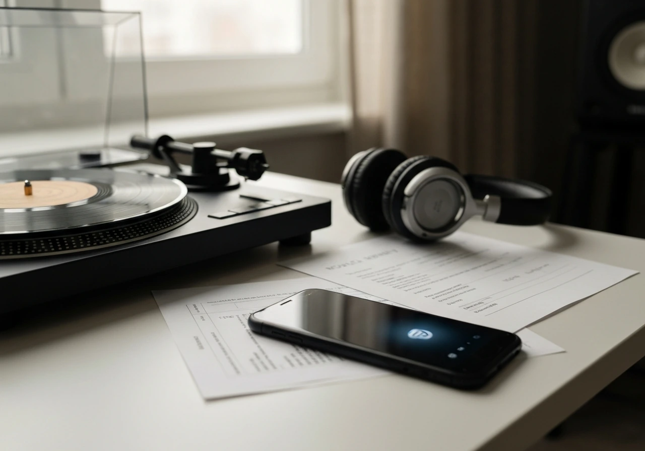 Minimal scene of vinyl records and music documents beside a smartphone, symbolizing royalties and streaming income.