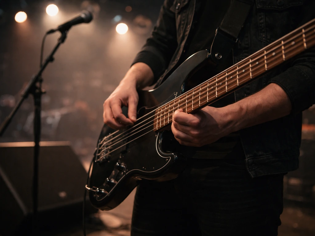 Anonymous musician adjusts a bass guitar on a dim concert stage with music-industry cues in the background.