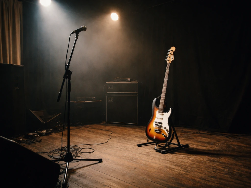 Empty stage rehearsal room with a bass guitar on a stand, hinting at an alternative rock era.
