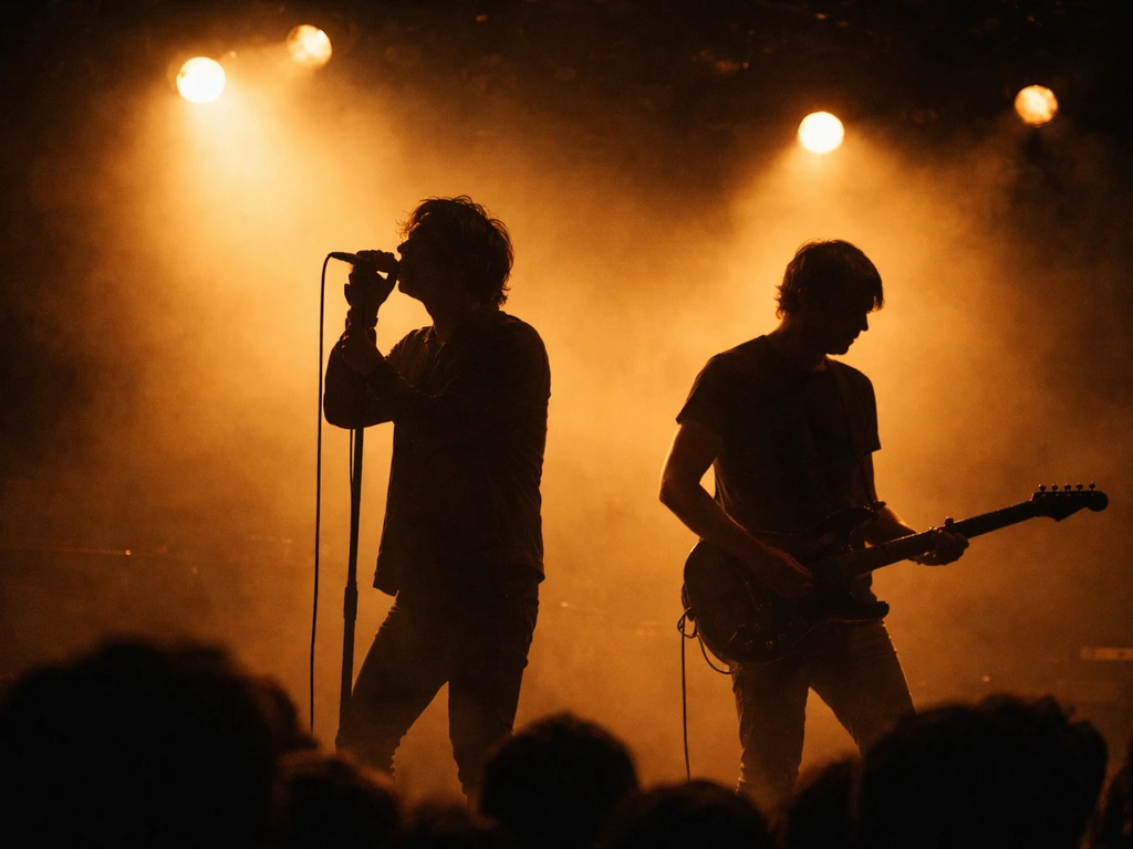 Rock band performing onstage under warm lights, vintage concert atmosphere with a spotlight feel.