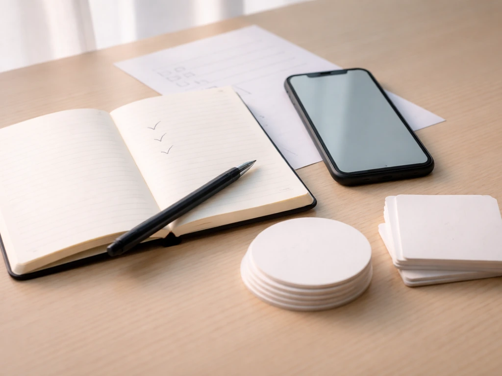 Minimal photo of a desk with a notebook and smartphone showing a checklist-like verification workflow
