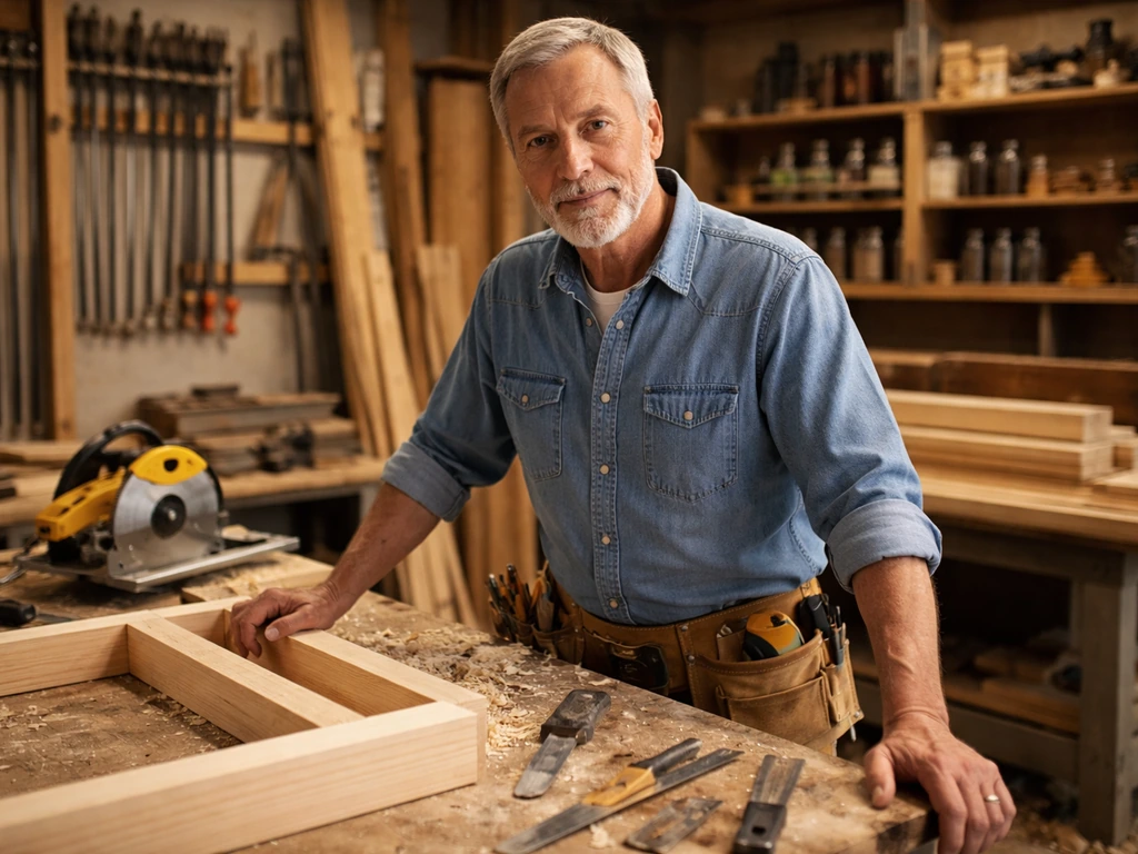 PBS-style woodworking host in a workshop setting, standing beside a workbench with tools