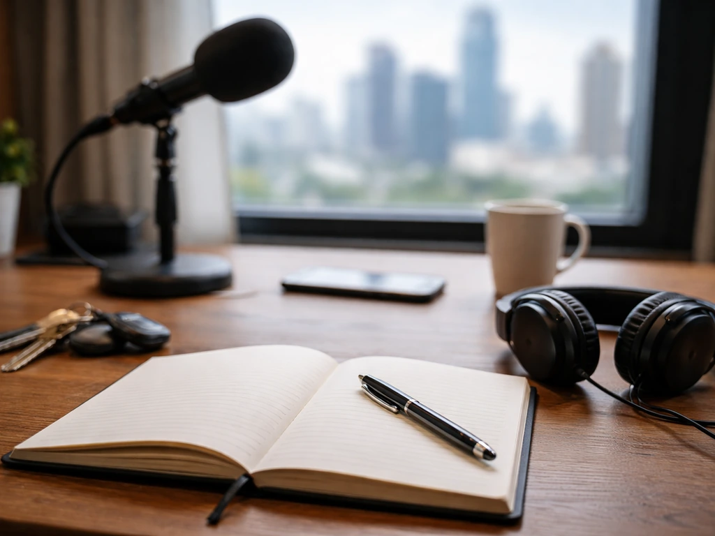 Minimal photo of a TV studio desk with a notebook, pen, and blurred city skyline suggesting estimated career income.