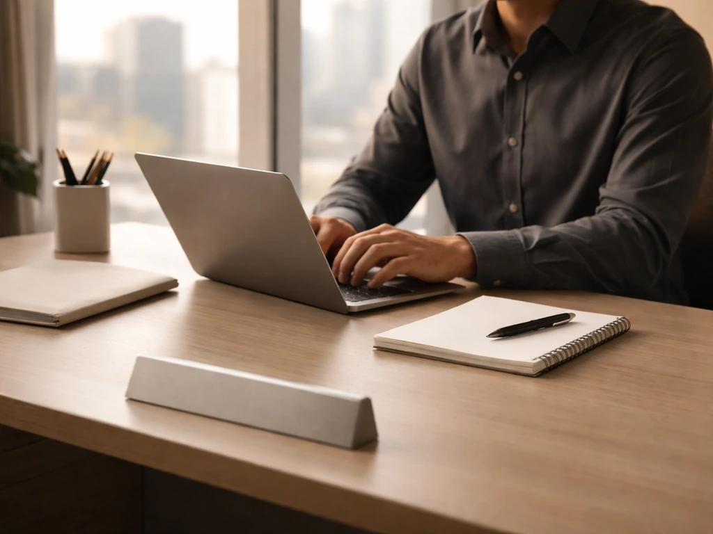 Minimal office scene with a person working at a laptop, suggesting investment management for Pennant Capital.