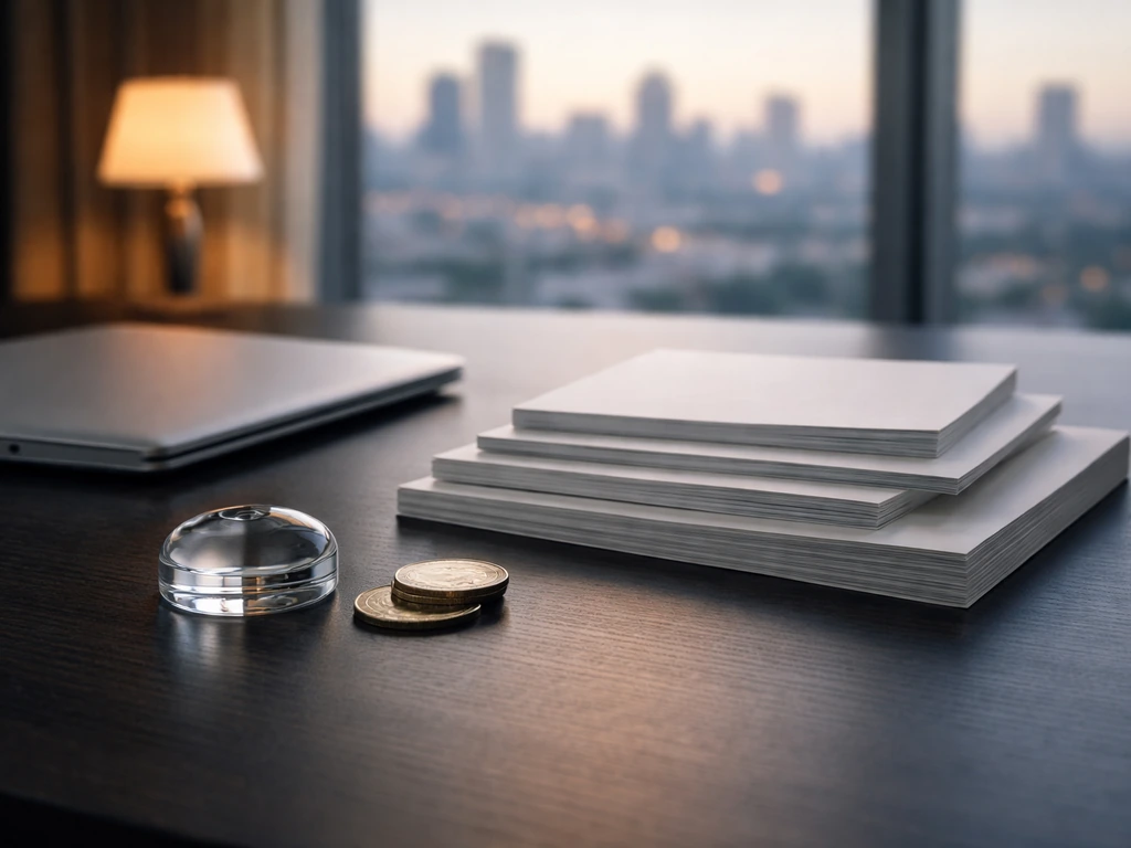 Minimal finance desk scene with documents and coins suggesting an estimated net worth range tiers.