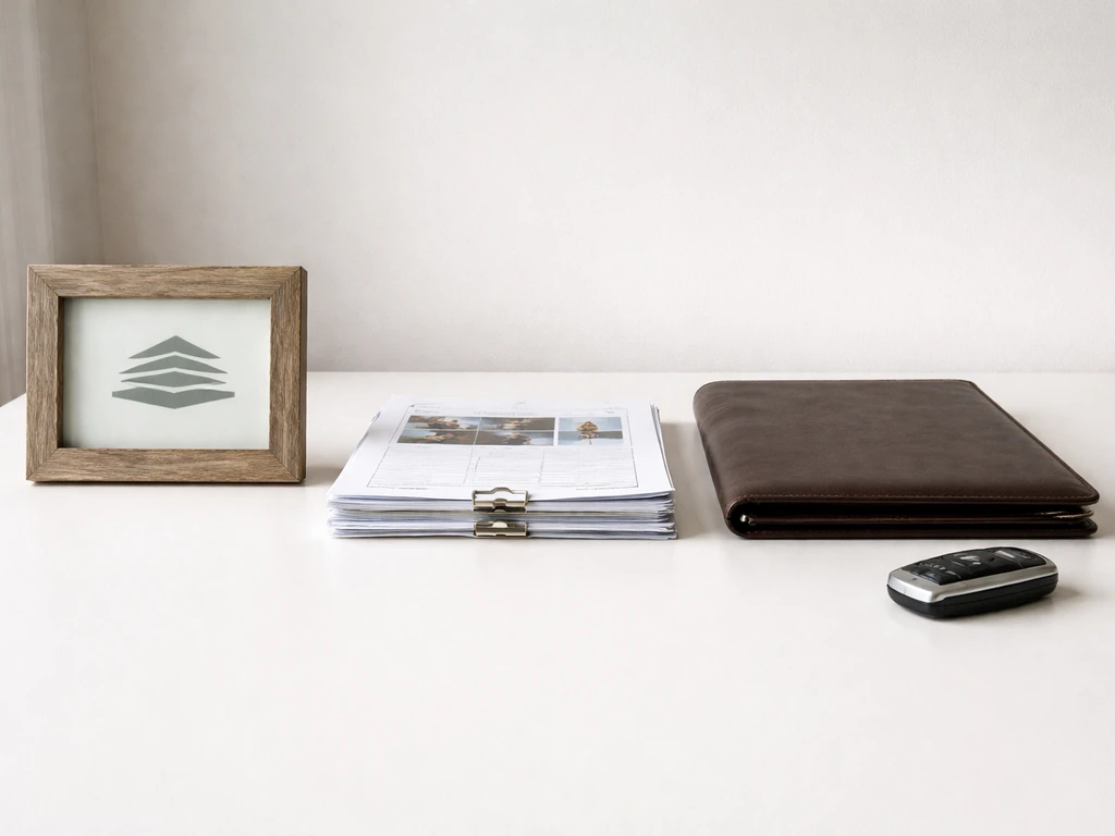 Minimal desk scene showing distinct objects symbolizing foundation, real estate, investment portfolio, and a car key.