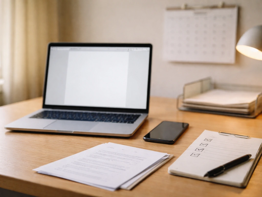 Minimal desk scene with laptop, phone, and a blank checklist for verifying and updating financial information.
