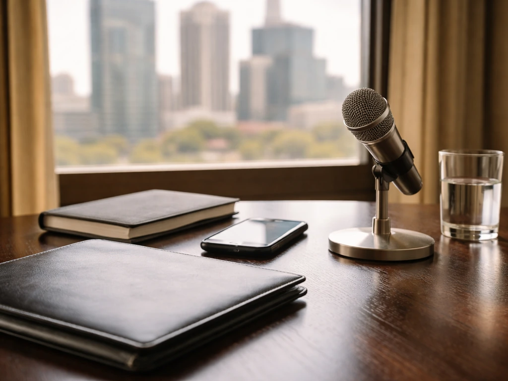Minimal office scene with a banker’s desk items symbolizing wealth and financial analysis.