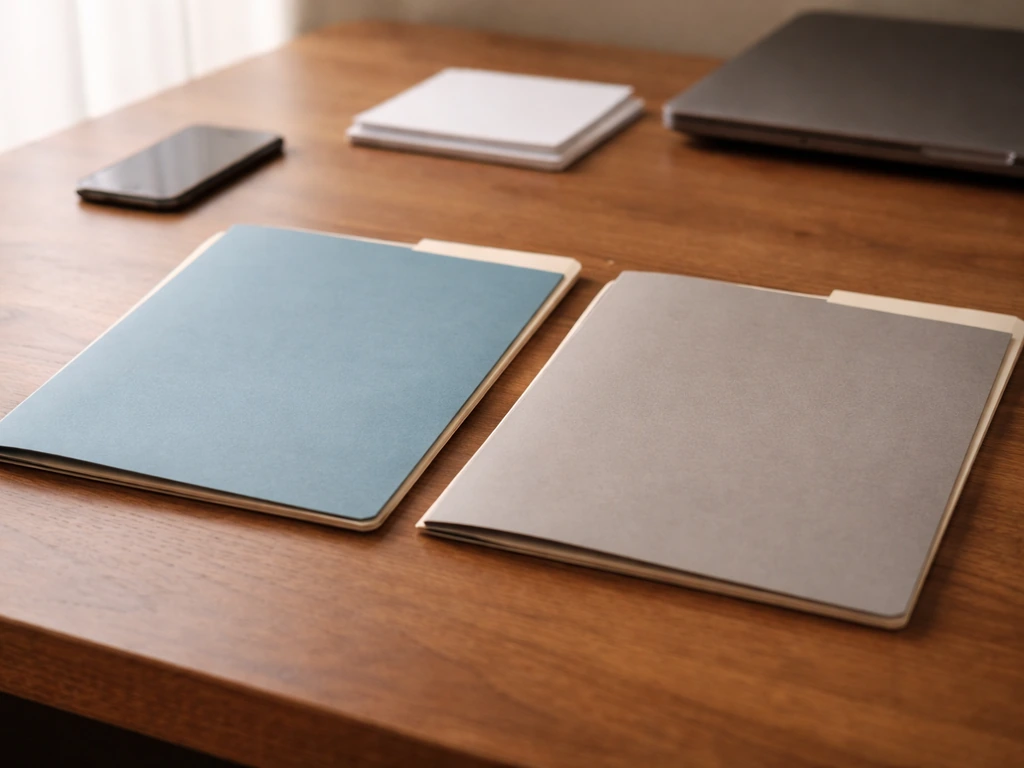 Minimal office scene with two colored folders symbolizing different financial estimates from separate sources.