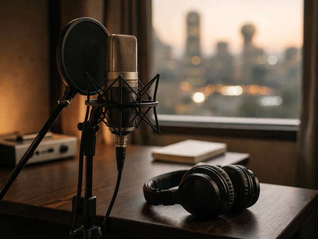 Unbranded voiceover studio microphone and headphones on a desk with soft city lights in the background.