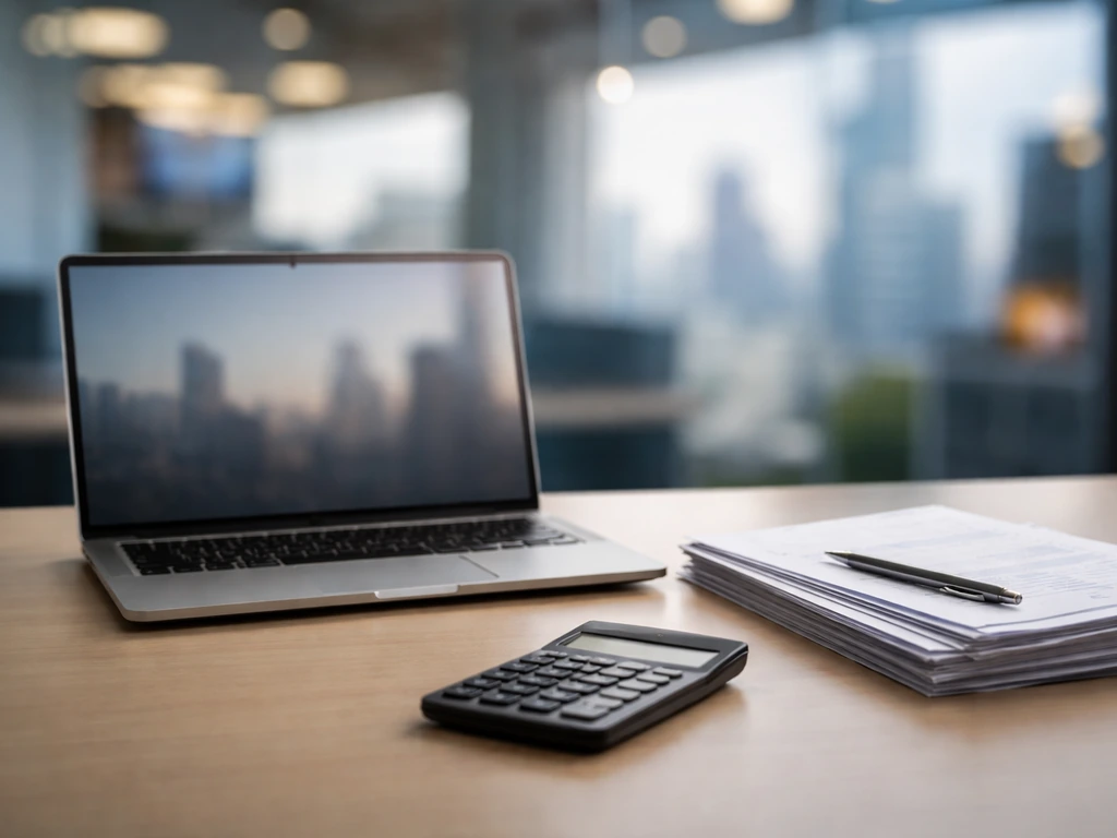 Simple photo of a desk with a calculator and documents beside a laptop reflecting finance news ambience