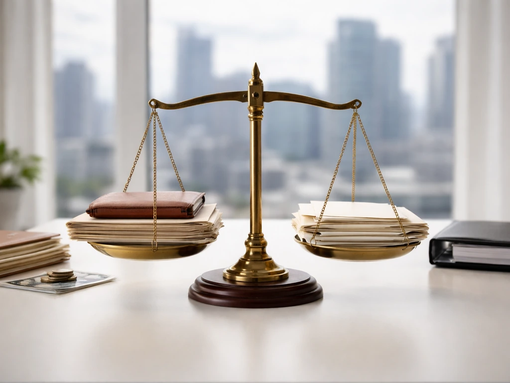 Minimal photo of a balance scale with neatly placed folders labeled only by icons, representing assets minus liabilities