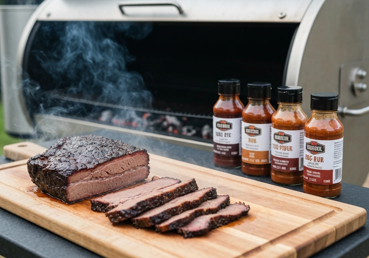 Close-up BBQ brisket on a cutting board with smoky grill in background and sauce bottles in foreground.