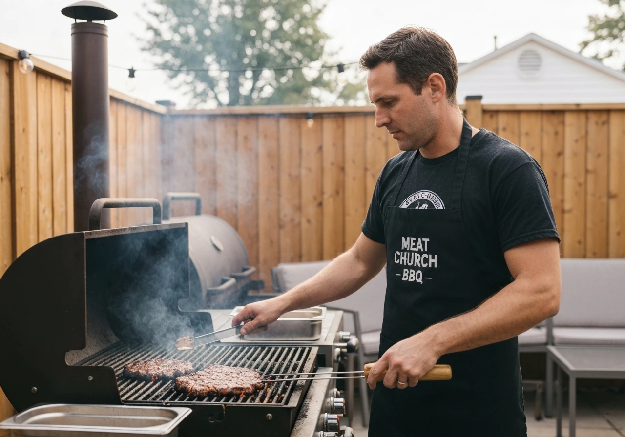 Man grilling outdoors with a BBQ smoker in the background, wearing Meat Church–style branded gear.