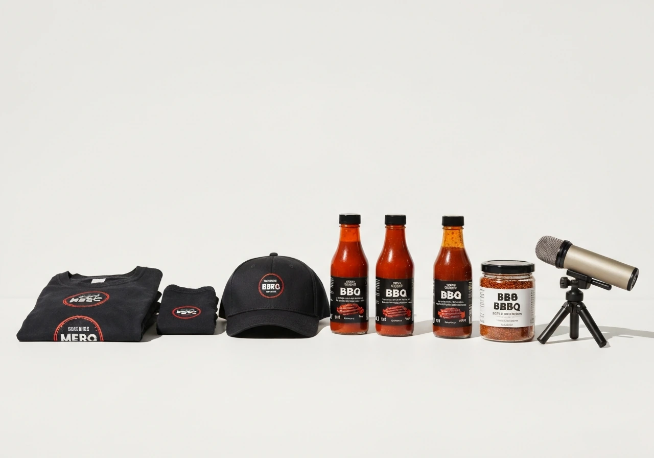 Minimal still life of BBQ merch items and sauce bottles on a clean studio background