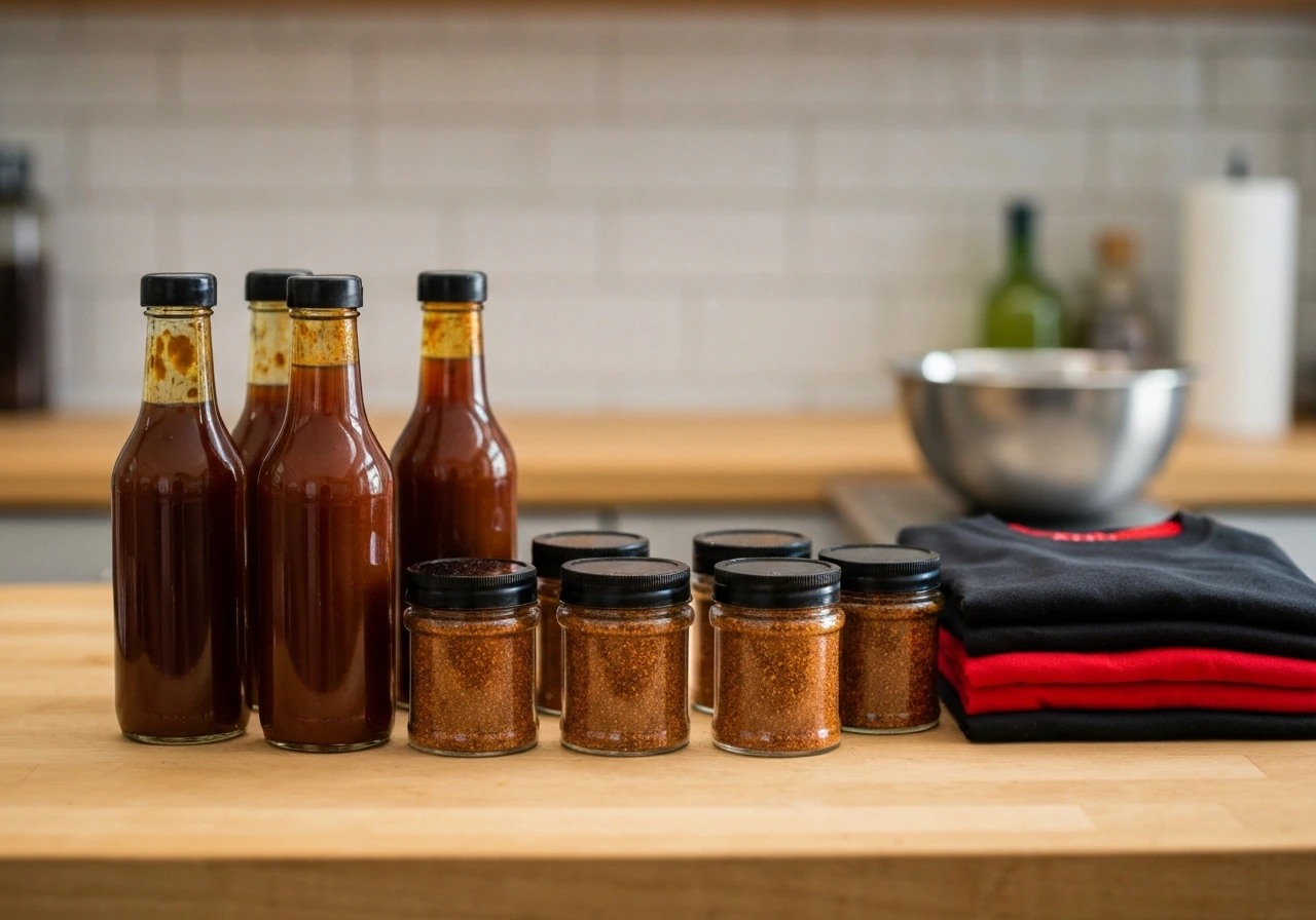Close-up of BBQ rubs and sauces bottles on a kitchen prep table with a casual merch item nearby