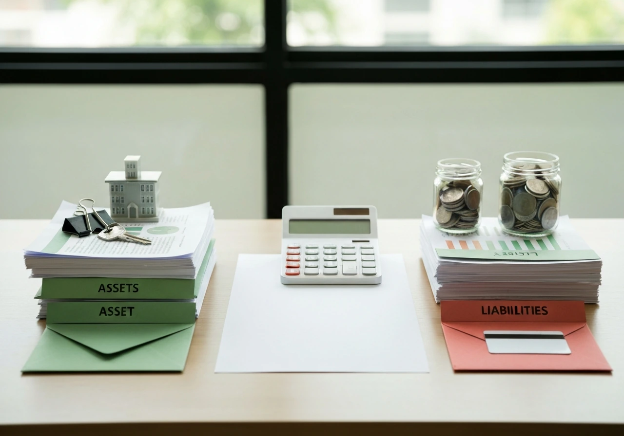Desk scene with assets and liabilities items separated, blank calculator and papers suggesting net worth math.