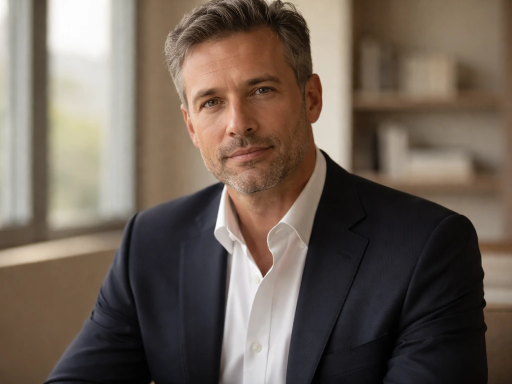 Close-up photo of an anonymous businessman in a suit in a quiet office setting, professional and approachable.