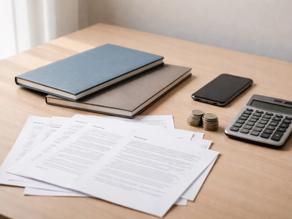 Minimal desk with calculator, coins, and two sets of finance papers suggesting conflicting net worth reports.