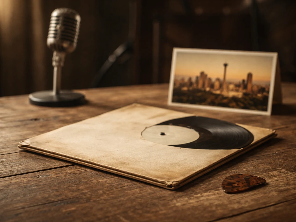 Vintage vinyl, guitar pick, and a San Antonio skyline postcard with a microphone on a wooden table.