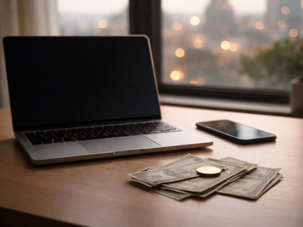 Minimal desk scene with laptop, smartphone, and scattered cash and a gold coin, symbolic of net-worth comparisons.