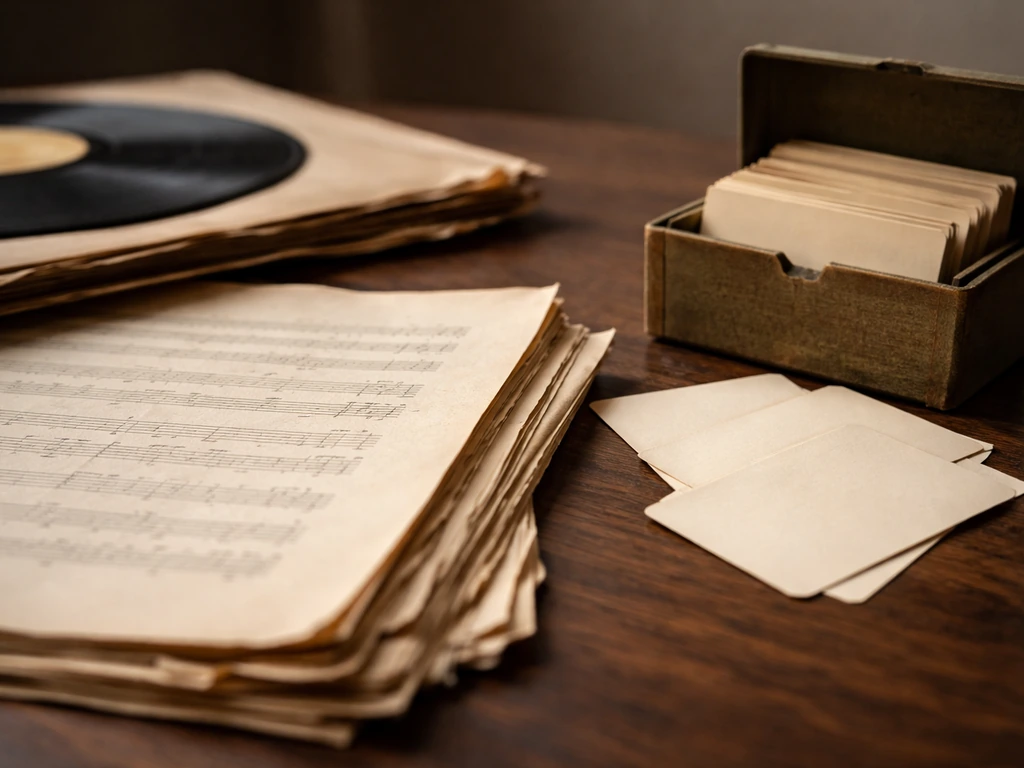 Close-up of vintage sheet music and blank catalog cards on a wooden table, suggesting music royalties