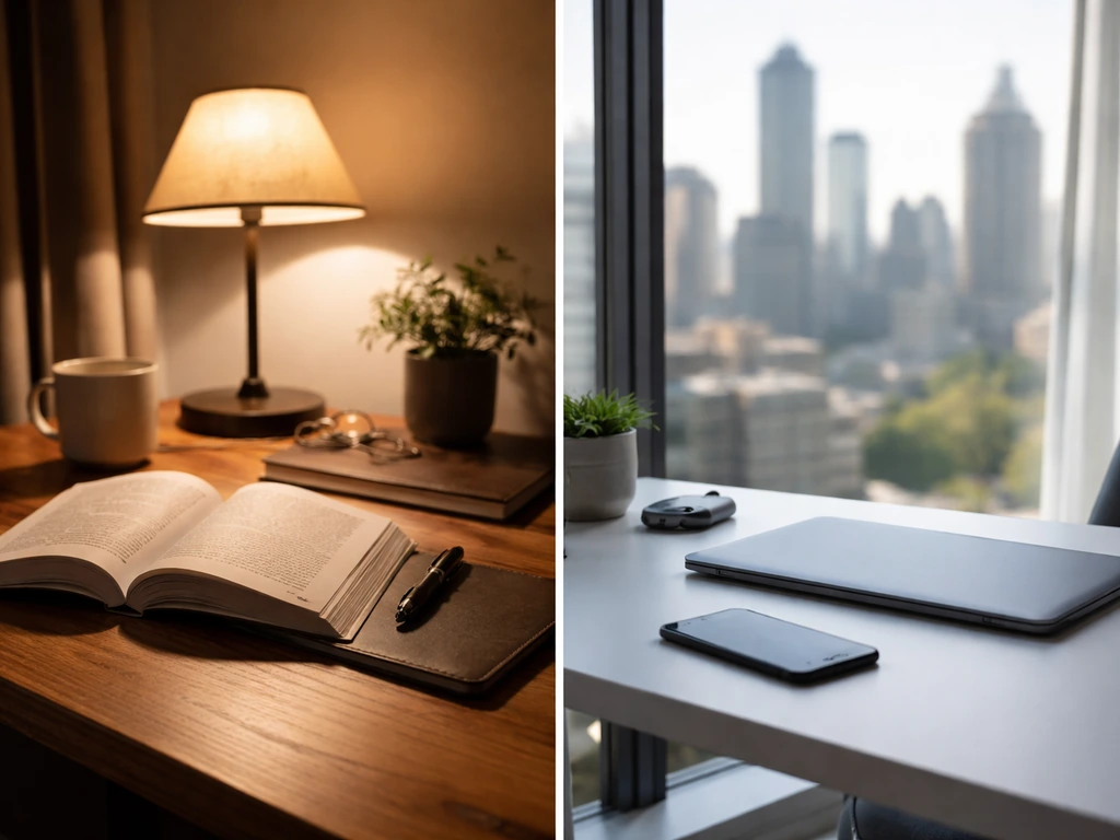 Minimal side-by-side desks: one with a sci‑fi paperback and lamp, the other with city finance setup.
