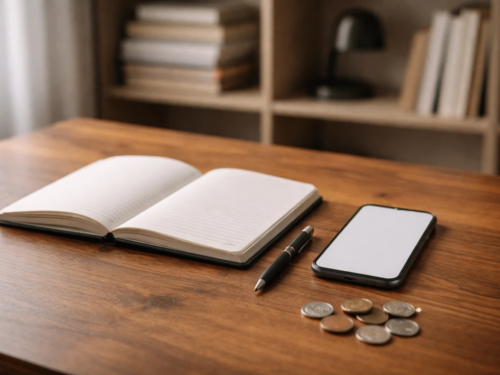Minimal office scene with open notebook, smartphone, and scattered coins suggesting net worth estimation