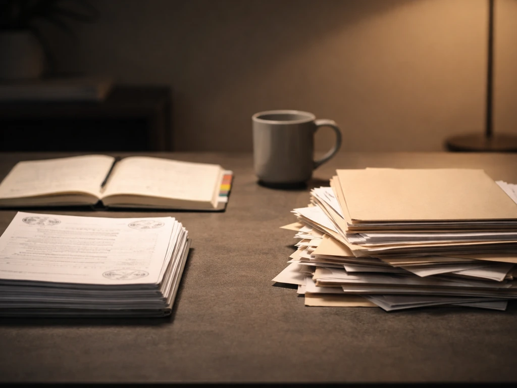 Minimal desk showing neat stamped documents vs scattered unmarked papers for known vs guesswork