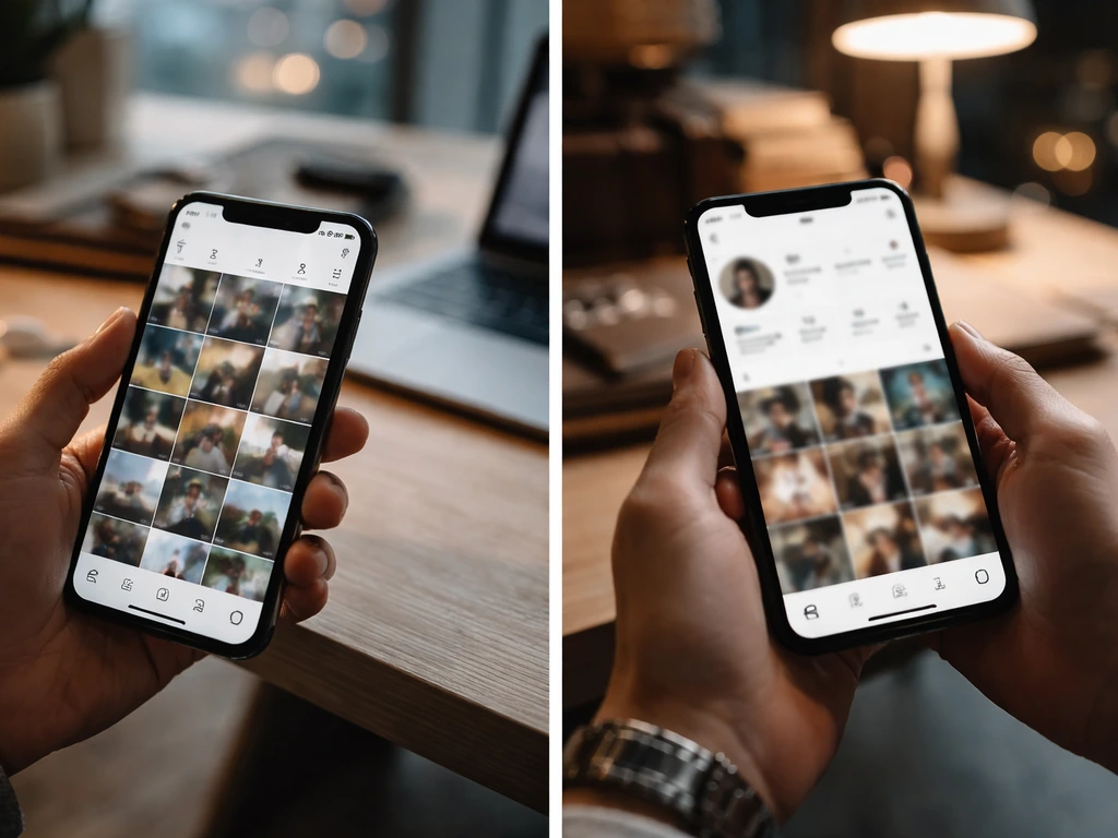 Minimal split-screen style scene showing anonymous phone screens with social media grids and luxury finance ambiance.