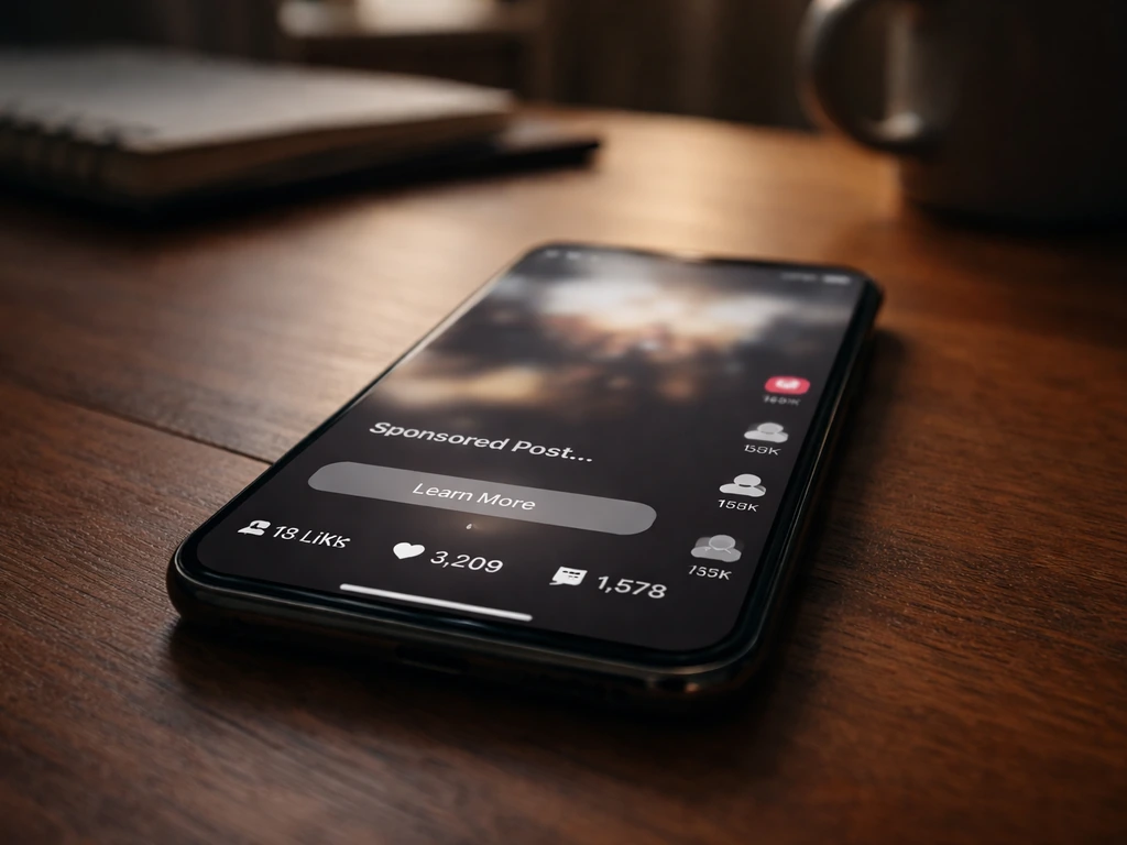 Close-up of a smartphone showing a TikTok-style sponsored post and simple engagement numbers in a dim workspace.