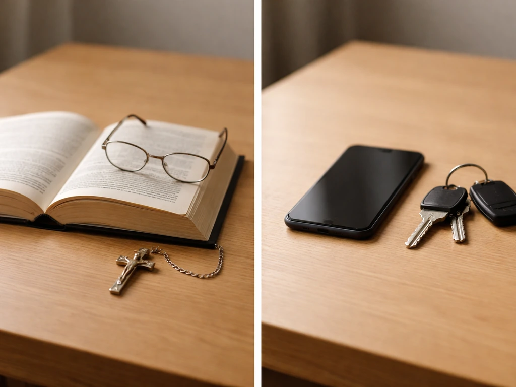 Two sets of distinct desk items on a table suggesting two different Jimmy Akin identities.