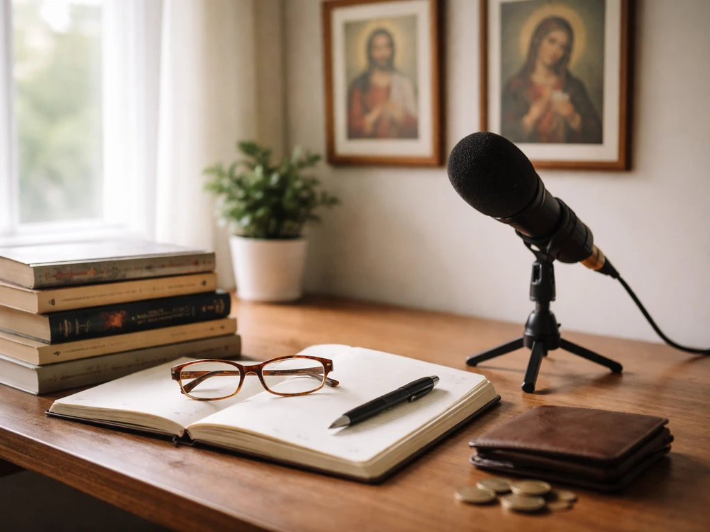 Minimal desk scene with books, microphone, and wallet/coins suggesting media and income streams.