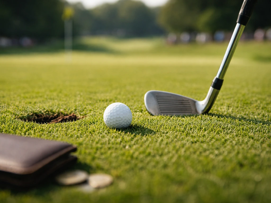 Minimal on-course golf scene with a focus on wealth symbolism—money motif via course-side details