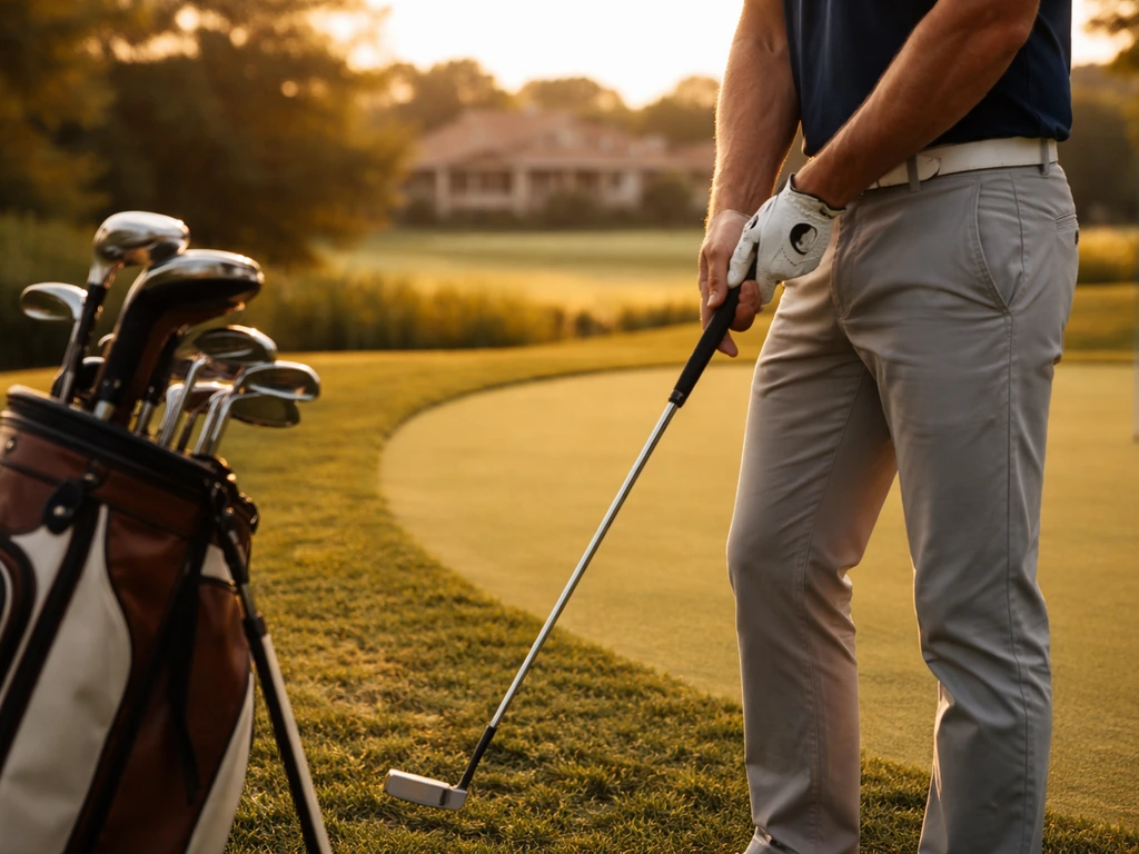 Anonymous golfer’s hands on a club near a putting green, with a golf bag at a quiet upscale course.