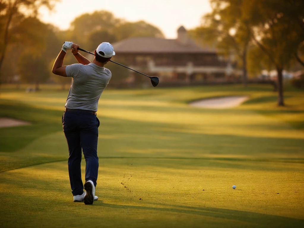 Golfer mid-swing on a quiet fairway at a pro course, evoking tournament prize money without any text.