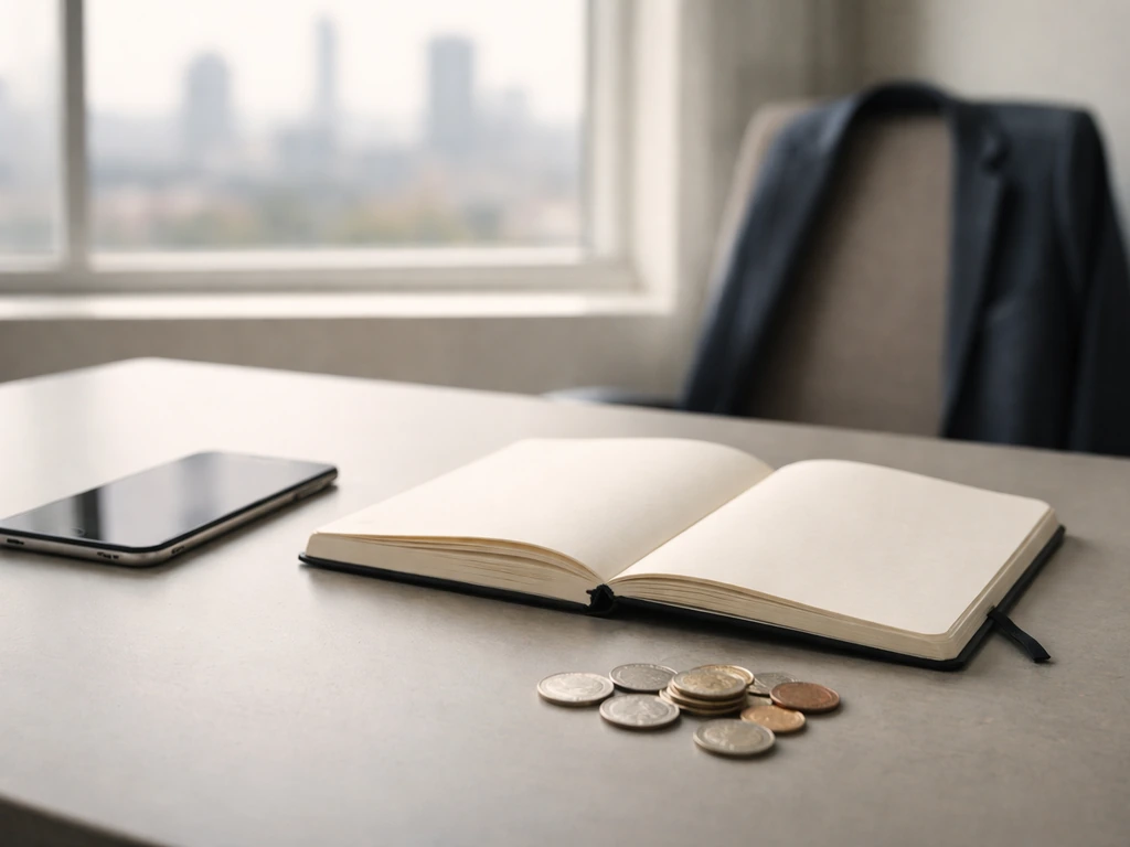 Minimal photo of a tidy business desk with a smartphone, notebook, and scattered coins symbolizing earnings milestones