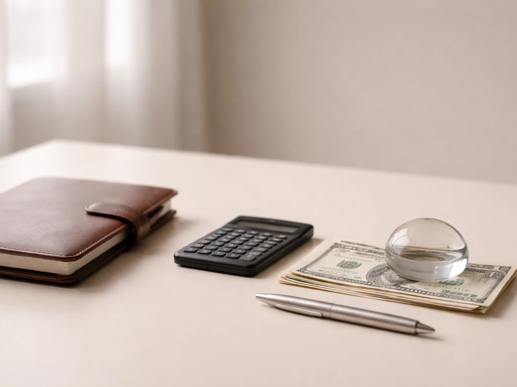 Minimal photo of a quiet office desk with a calculator and money-themed props suggesting a net-worth range.