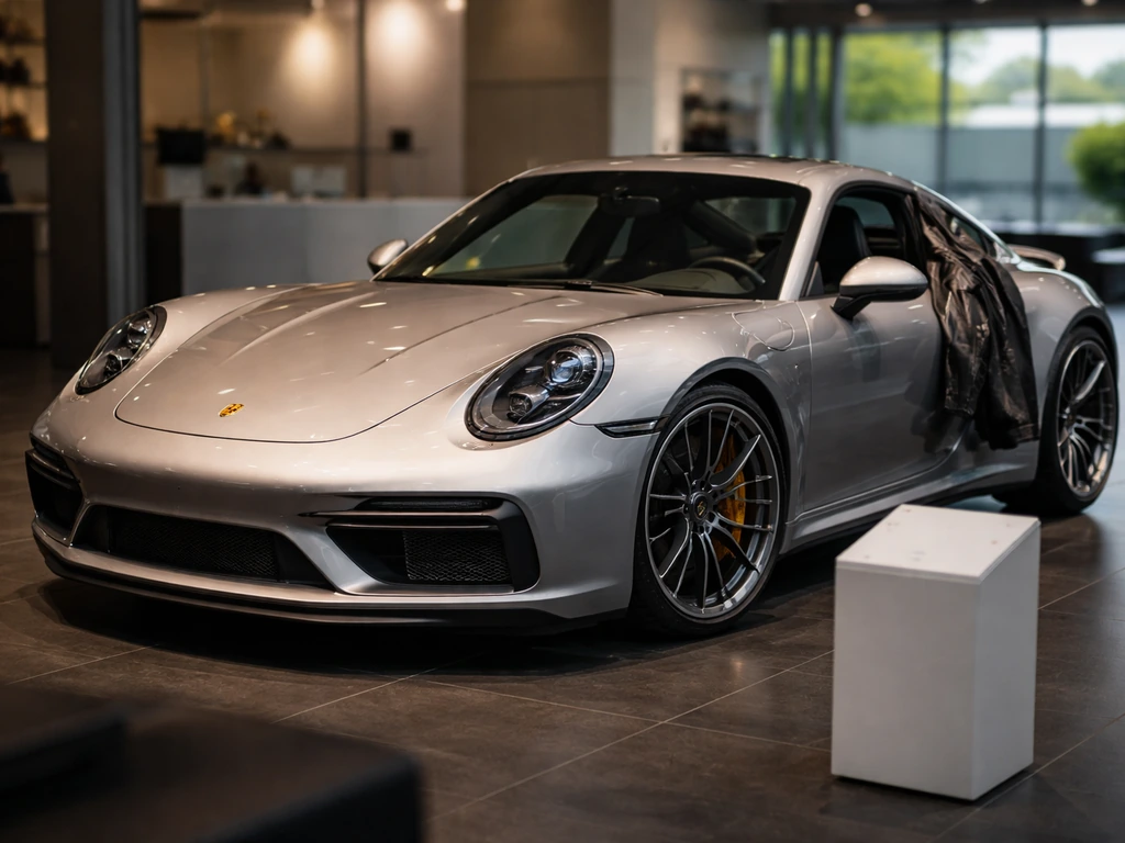 Sleek sports car in a clean auto showroom, symbolizing endorsements and asset-driven wealth factors.