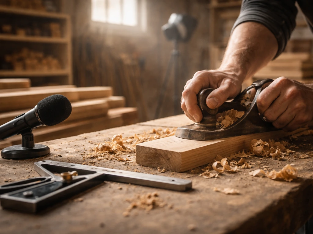 Close-up of a carpenter’s hands working on wood in a simple workshop, evoking craftsmanship and TV work.