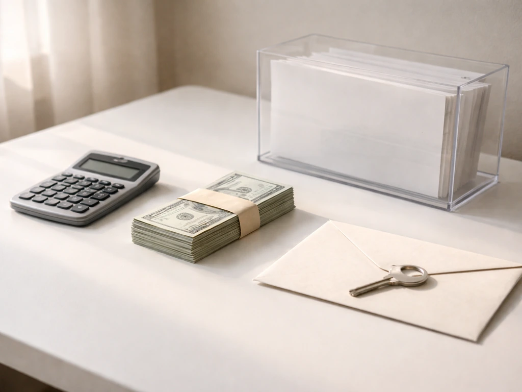 Minimal photo showing a calculator, cash, and a house key beside a sealed envelope symbolizing assets minus liabilities.