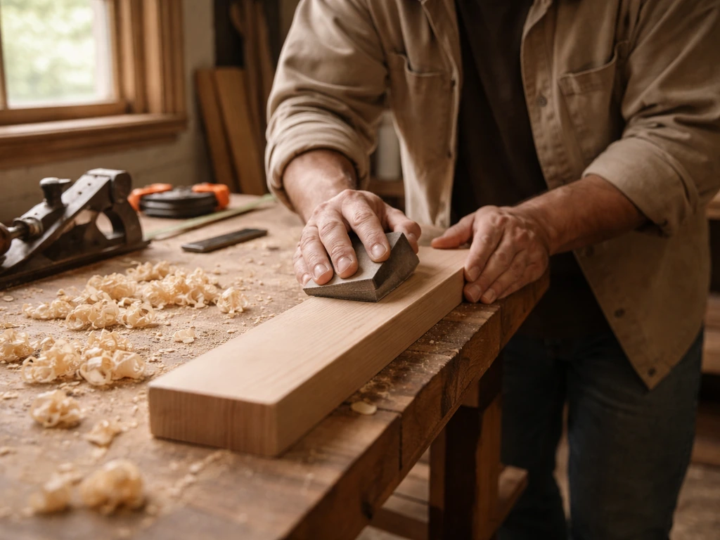 A woodworker sanding and shaping a wooden board at a quiet workbench in natural light.