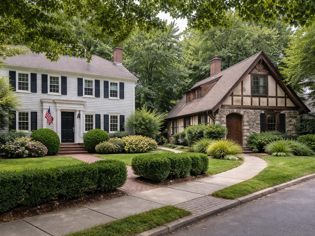 Two distinct historic homes—Colonial and timber-framed—seen from the street in warm daylight.