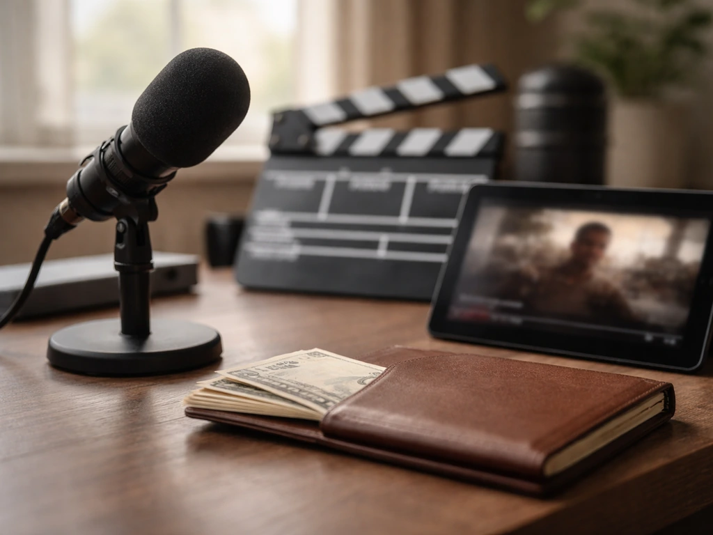 Warm office scene with a media production vibe and subtle financial symbolism, representing Tom Ackerley’s film-industry