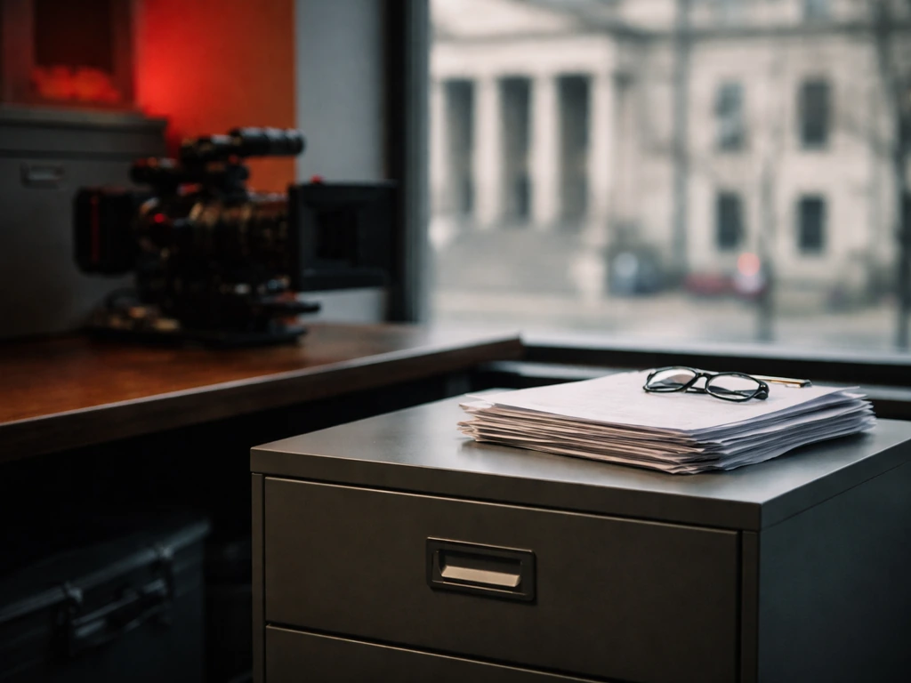 Minimal office scene with filing cabinet and investment documents near a courthouse facade through a window.