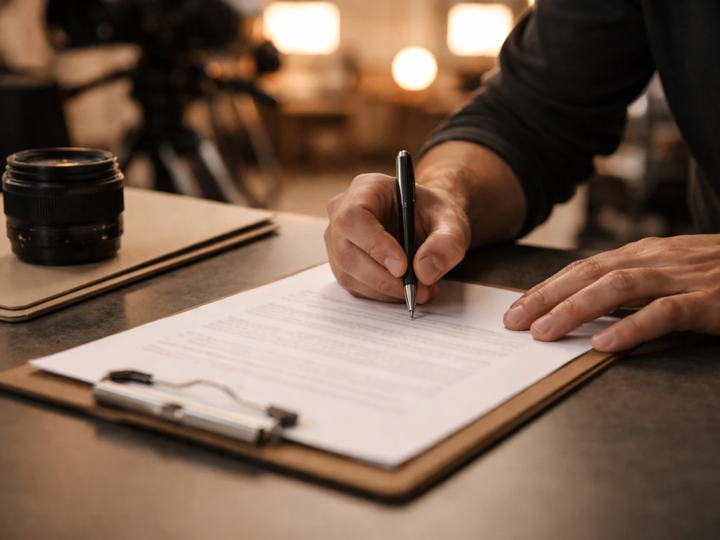 Anonymous hands signing a film production contract on a minimal desk with a camera lens nearby.