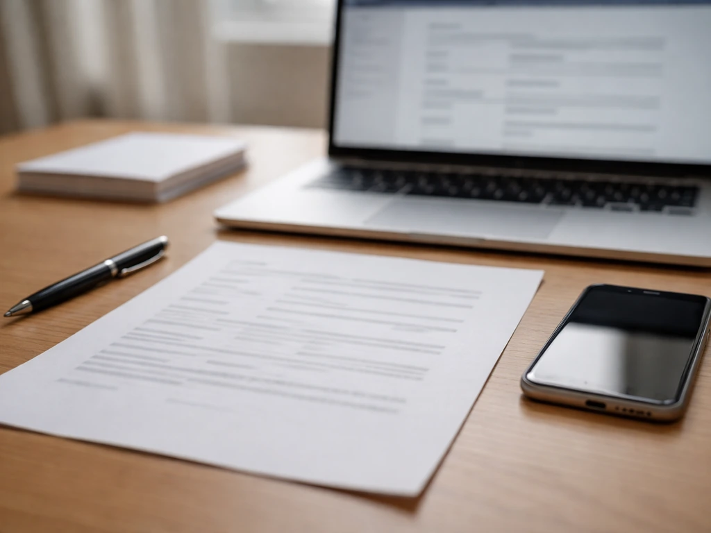 Close-up of a notebook and smartphone beside a laptop showing blurred government records fields