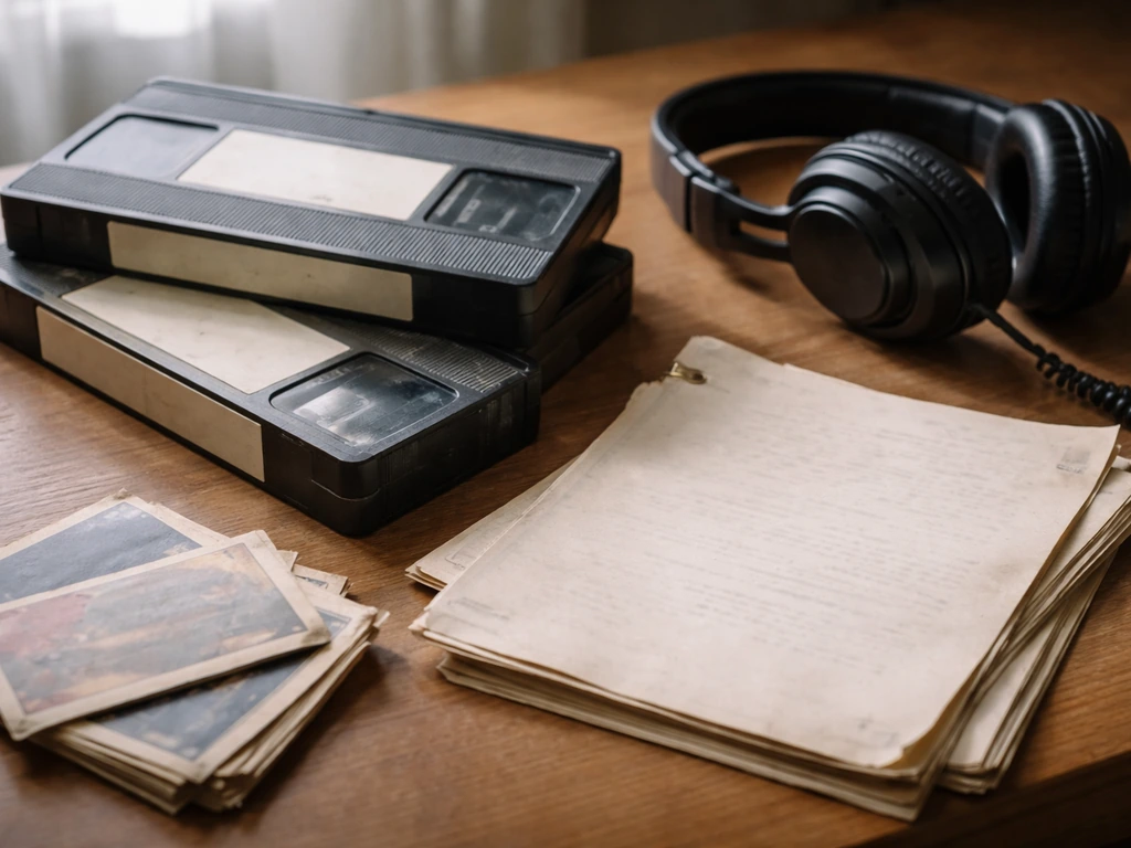 Period-appropriate movie and TV memorabilia laid out on a desk, representing career milestones and residuals.