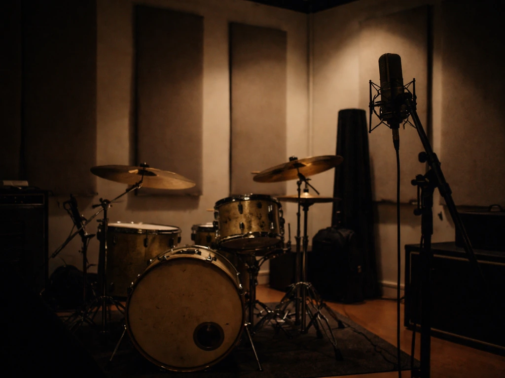 Empty recording studio with a vintage drum kit under warm lights, suggesting a late-night session drummer vibe.