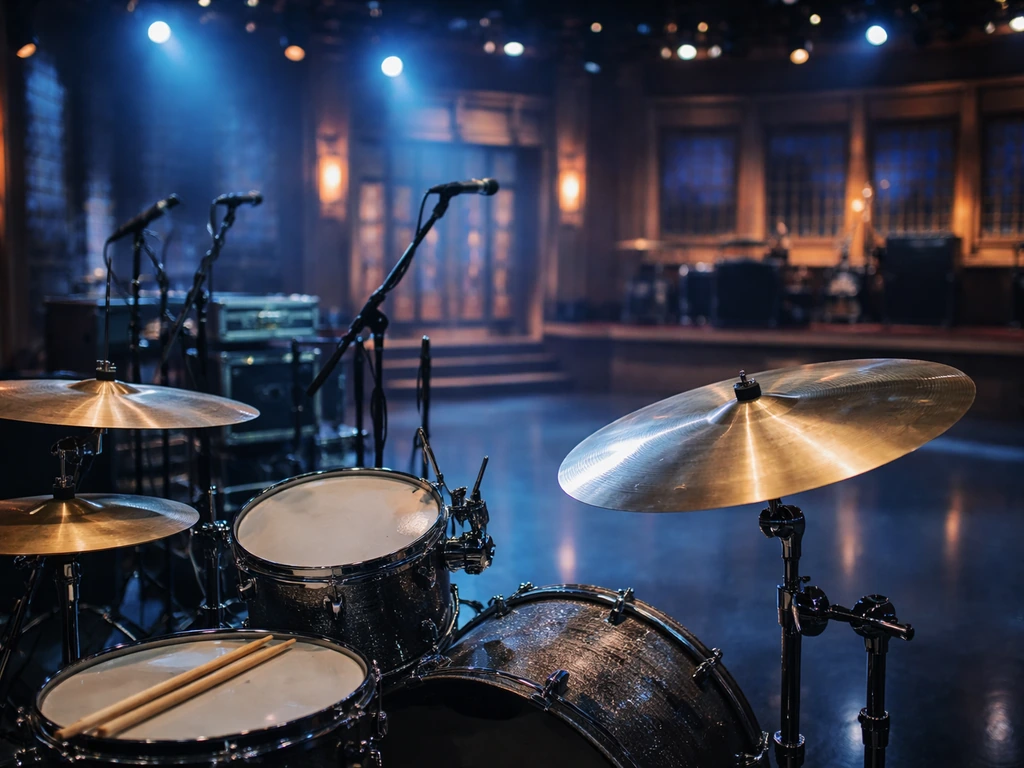 Drum kit and microphones in a minimal late-night TV studio band setup, symbolizing a long-running gig.